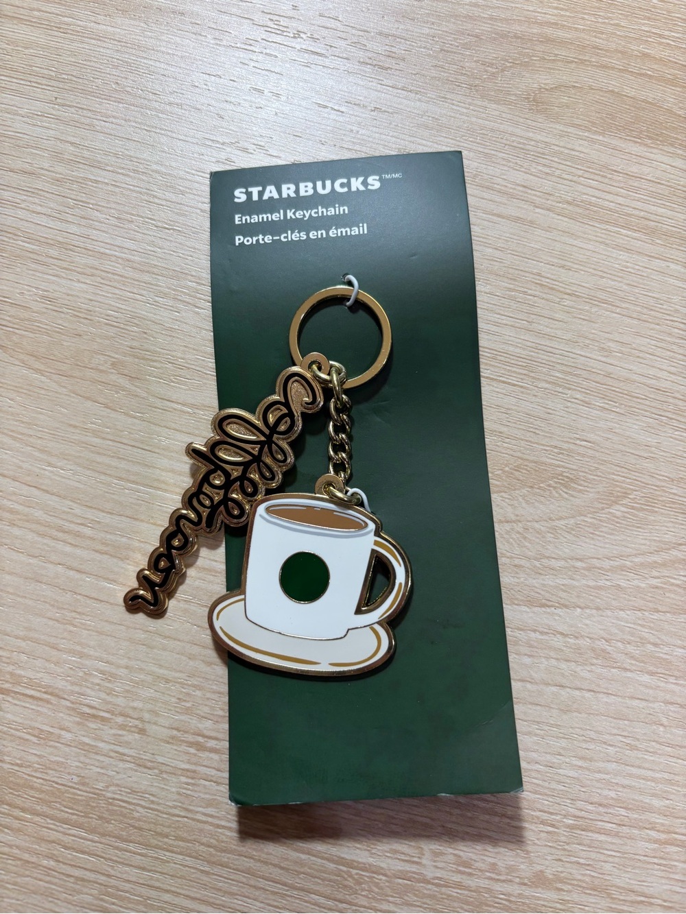 Starbucks White & Green Coffee Cup Keychain with Gold Script Charm
